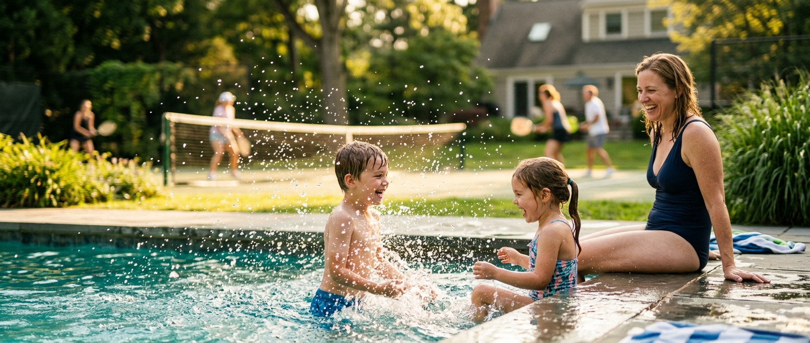 Des enfants s'amusent dans une piscine privée lors d'un événement en famille